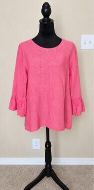 Boho Chic Womens L Pink Linen Tunic Blouse Ruffle Sleeve Coastal Cottagecore
